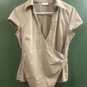 New York & Company Taupe Wrap-Front Short Sleeve Blouse